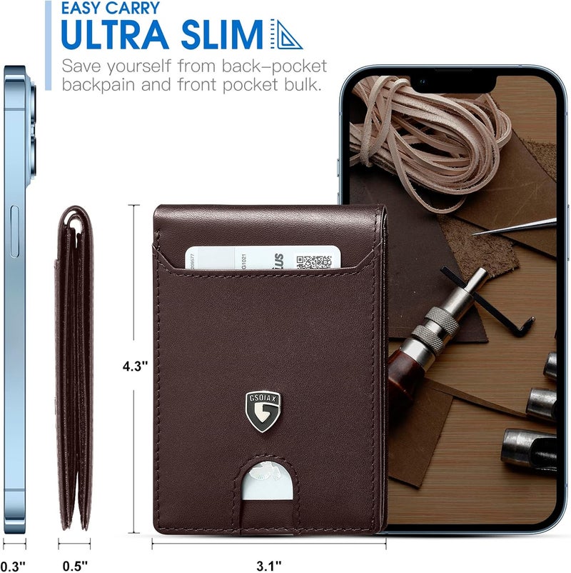 GSOIAX Slim Wallet for Men RFID Blocking Bifold Wallet Carbon Fiber Front Pocket Wallet with 11 Card Holder Minimalist Mens Wallet with Gift Box(Leather Coffee) - Image 3